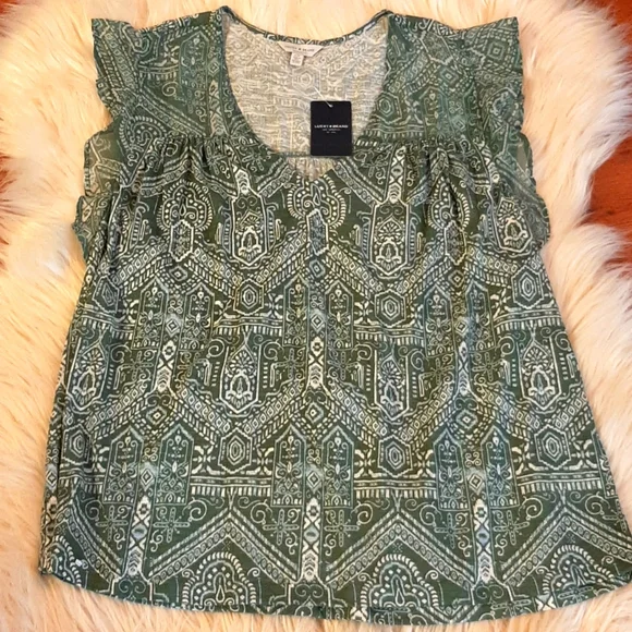 Lucky Brand Green/White/Blue Geometric Print Top, Large, NWT - Picture 1 of 12
